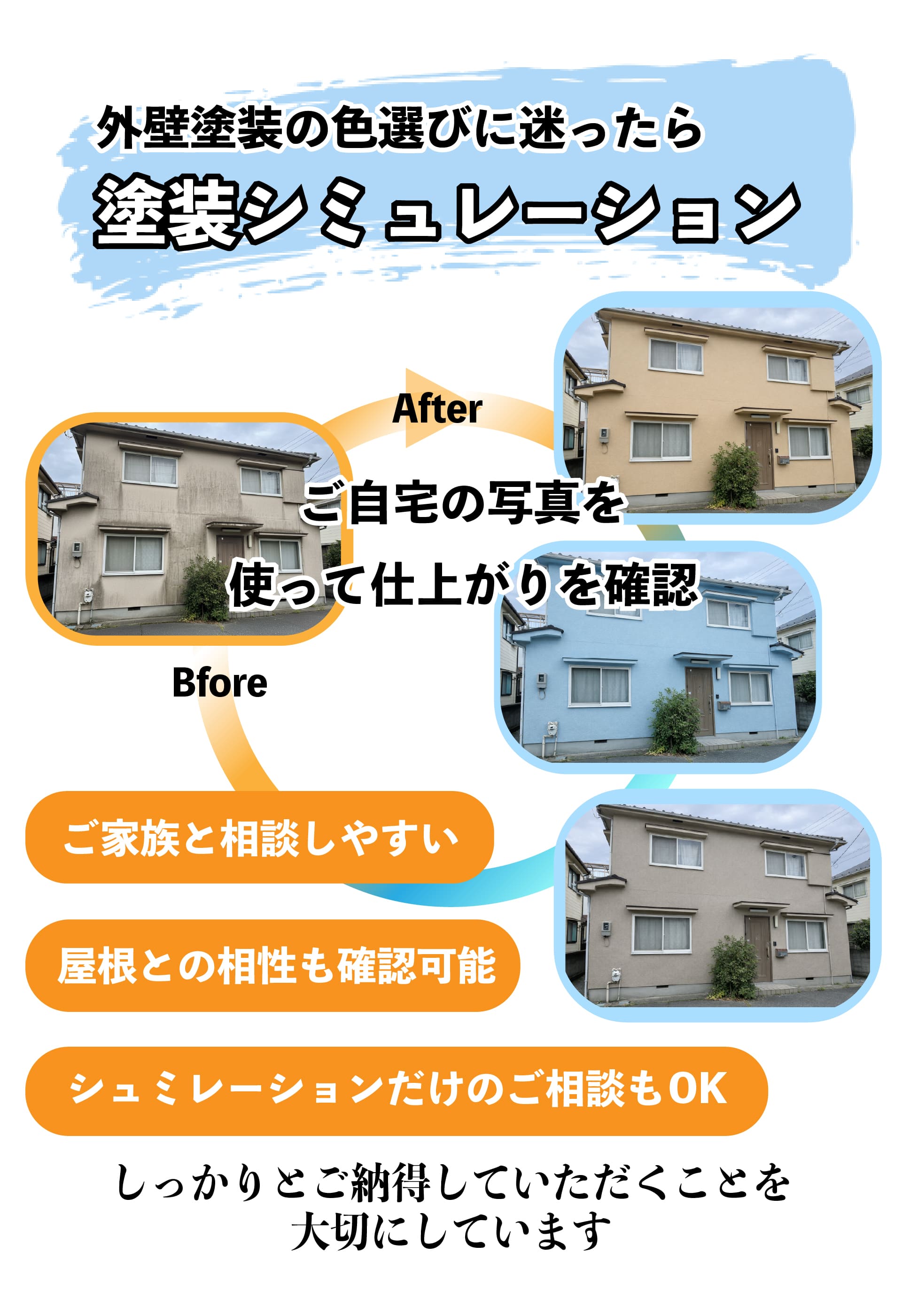 外壁塗装の色選びに迷ったら塗装シミュレーション。ご自宅の写真を使って仕上がりを確認